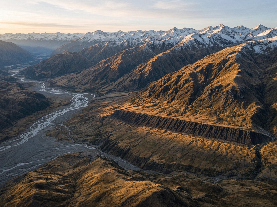Aerial view of a fault scarp cutting across tussock-covered Southern Alps terrain beside a braided river.