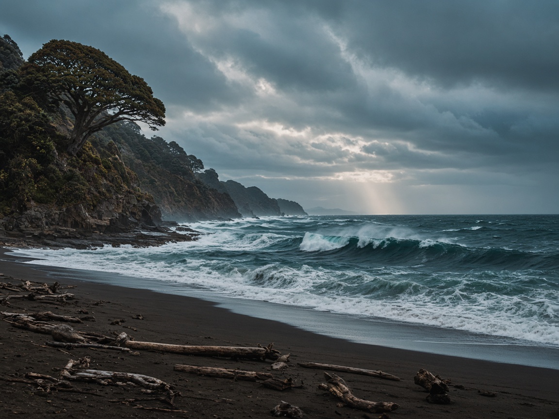 Large grey-green swell rolling onto a dark sand East Coast beach under a moody sky.