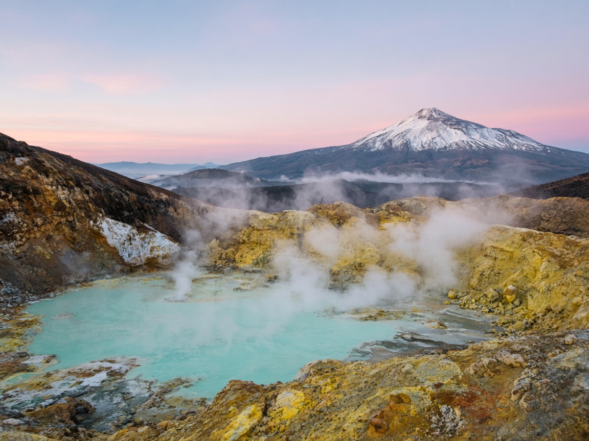 A steaming turquoise crater lake surrounded by sulphur-yellow rock, with a snow-capped volcano behind.