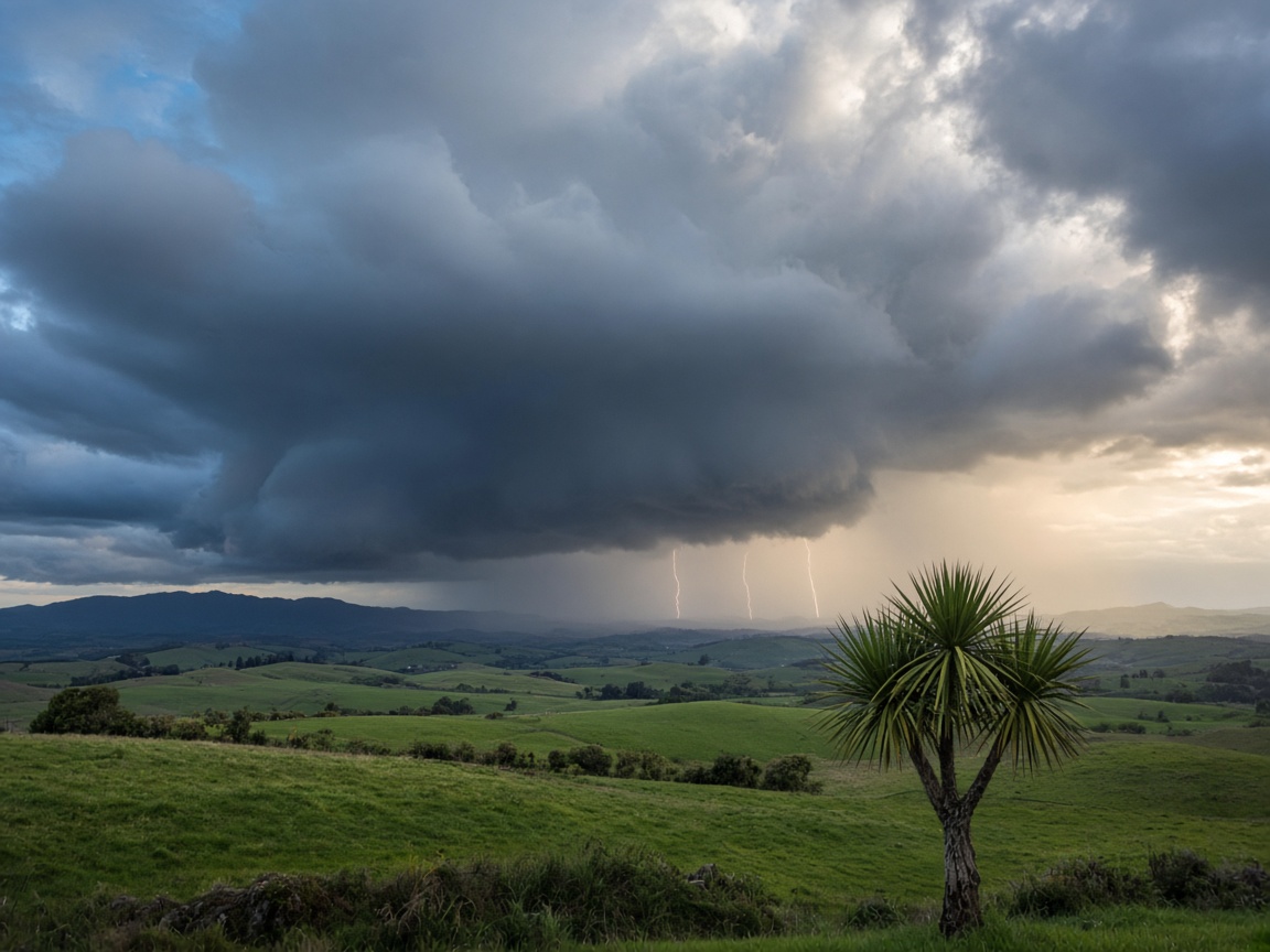 A towering storm cell with lightning approaching green farmland and a lone cabbage tree.