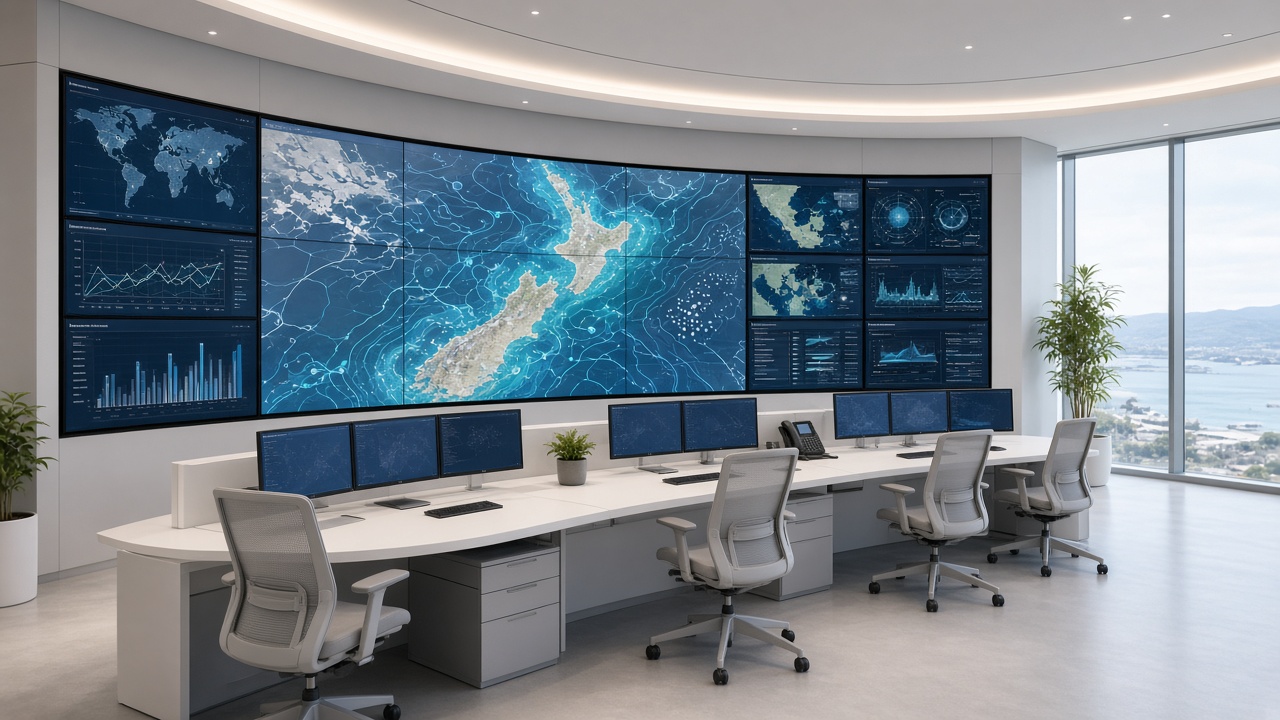 A bright operations centre with a curved wall of displays showing a glowing map of New Zealand.